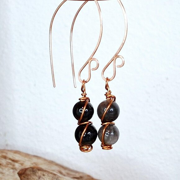 BOGO EARRINGS - Black obsidian wire wrapped copper dangle earrings, 2" - Picture 3 of 8
